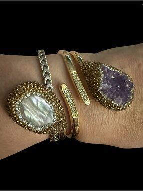 Gold-Tone Cuff Bracelet with Pearl and Amethyst Teardrops